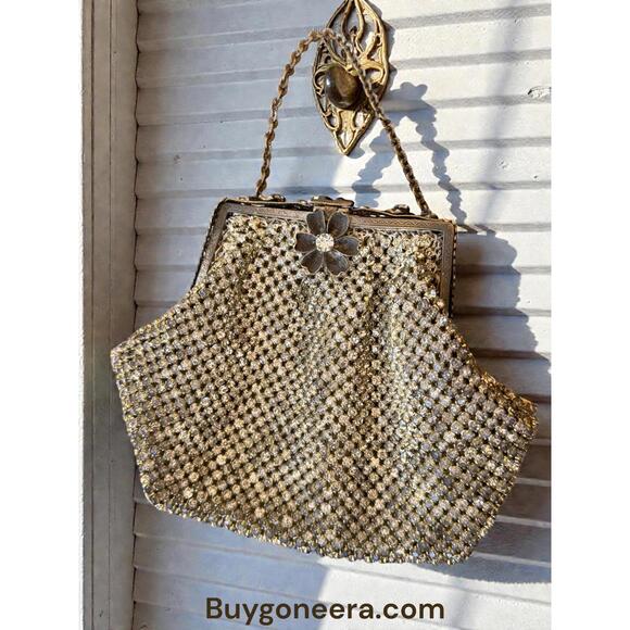 Vintage Mesh Purse With Rhinestones And Metal Flower Detailing. Fully Lined